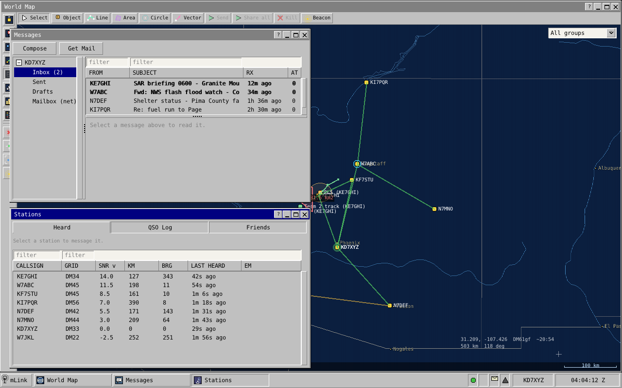The mLink client: the Messages window
(inbox list) and the Stations window (heard list with SNR, grid, distance and
bearing) open over the World Map, which shows stations joined by link lines,
with a taskbar and Start button along the bottom.
