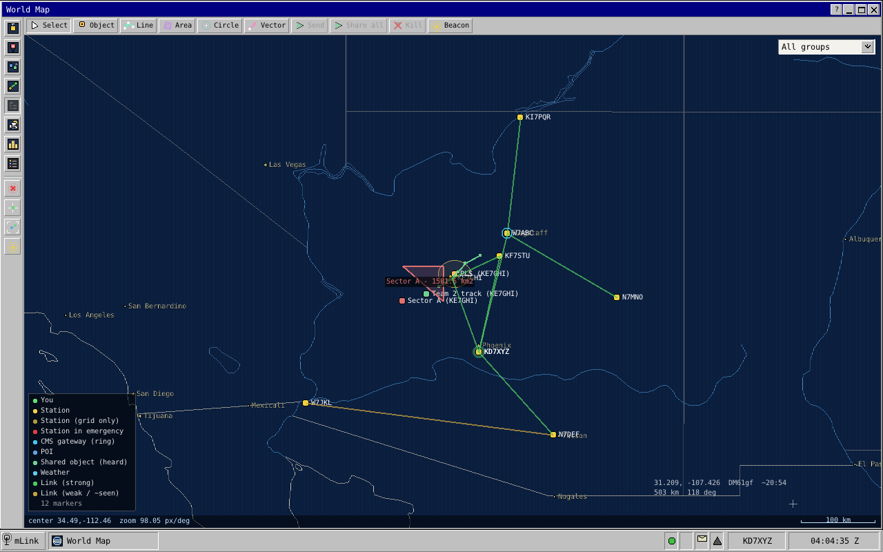 The World Map showing stations as yellow
squares joined by green and amber link lines, a shaded search sector, the
layer buttons down the left edge, the shape toolbar along the top, a group
selector at top right, a legend at bottom left and a coordinate read-out at
bottom right.